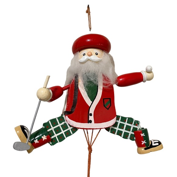 Vintage Wooden Pull String Golfer Santa Kitschy Large Christmas Ornament - Picture 2 of 11